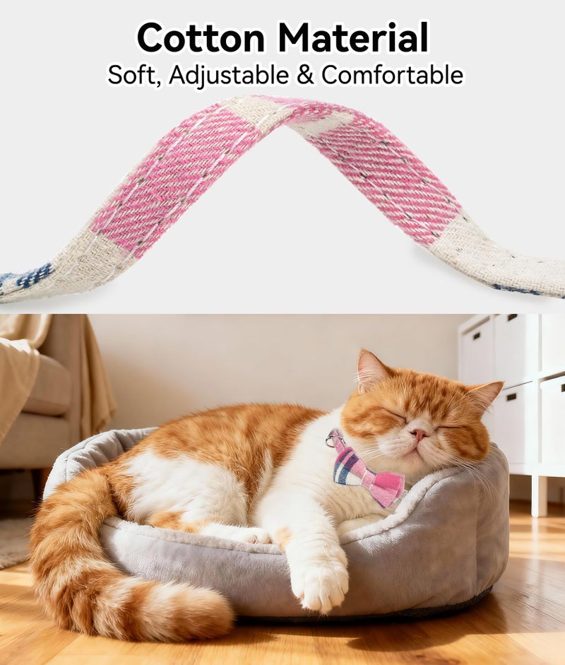 Joytale Upgraded Cat Collar with Bells, Breakaway Cat Collars with Bow Tie, 2 Pack Girl Boy Safety Plaid Kitten Collars, Haze Blue+Pink - Image 4